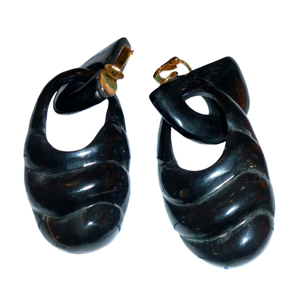 Vintage 80s Chunky Black Resin Statement‎ Earrings Heavy Linked Drop Clip On
